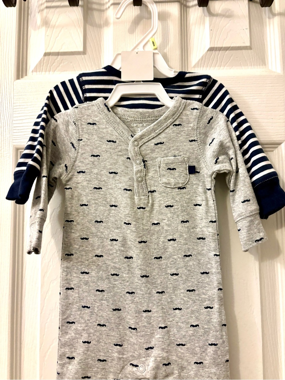 ✨Carter's Grey & Navy Baby Onesies Set - Mustache & Stripes 2 Pc